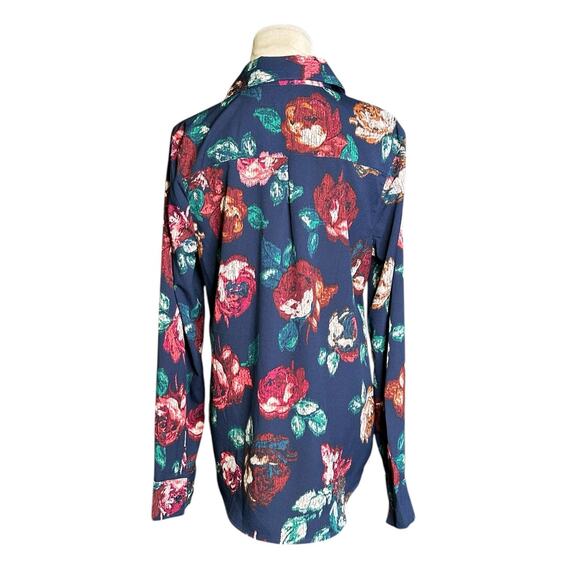 Merona blue red floral long sleeves tunic blouse size M - Picture 2 of 11